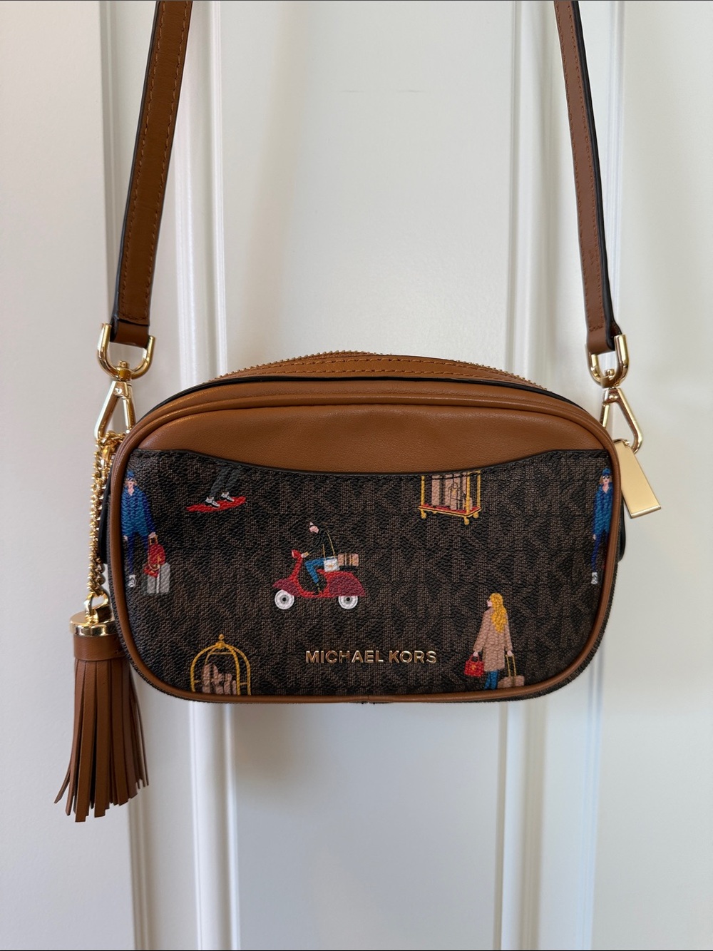 Michael Kors Brown Printed Logo Crossbody with Travel Motif